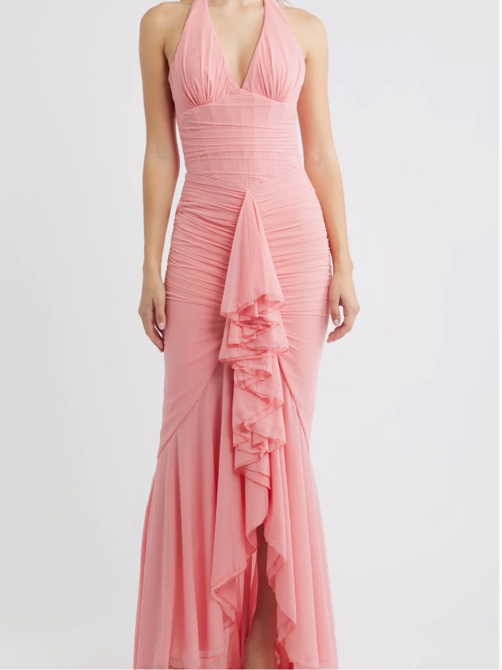 HOUSE OF CB CARMINE MESH HALTER NECK WATERFALL FOWN FLAMINGO PLUME - M